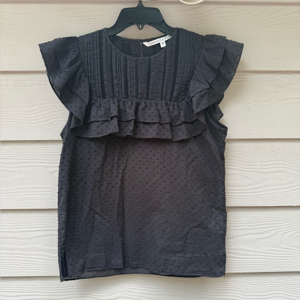 Veronica Beard Black Swiss Dot Ruffle Blouse